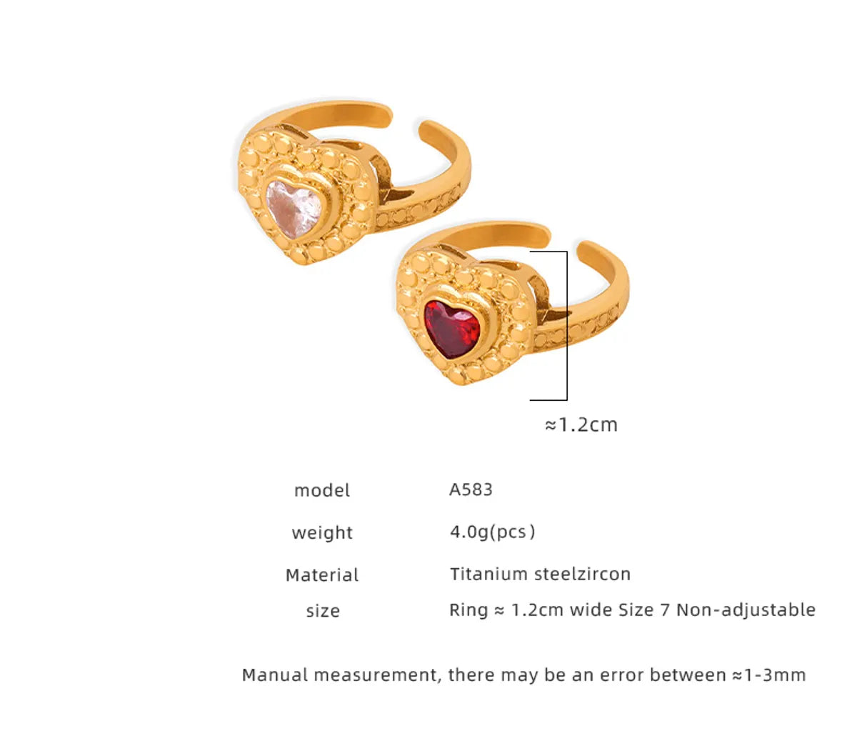 Elegant Luxurious Heart Shape Titanium Steel Plating Inlay Zircon 18k Gold Plated Open Rings