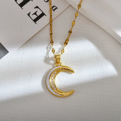 Elegant Luxurious Moon Titanium Steel Copper Enamel Plating Inlay Zircon 18k Gold Plated Pendant Necklace