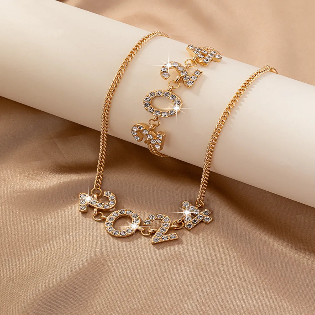 Elegant Luxurious Number Ferroalloy Plating Inlay Rhinestones Gold Plated Women's Bracelets Necklace