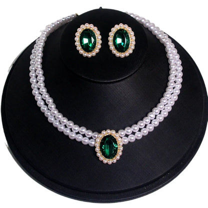 Elegant Luxurious Oval Artificial Crystal Imitation Pearl Beaded Women's Earrings Necklace