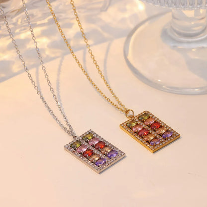 Elegant Luxurious Rectangle Stainless Steel Inlay Zircon White Gold Plated Gold Plated Pendant Necklace