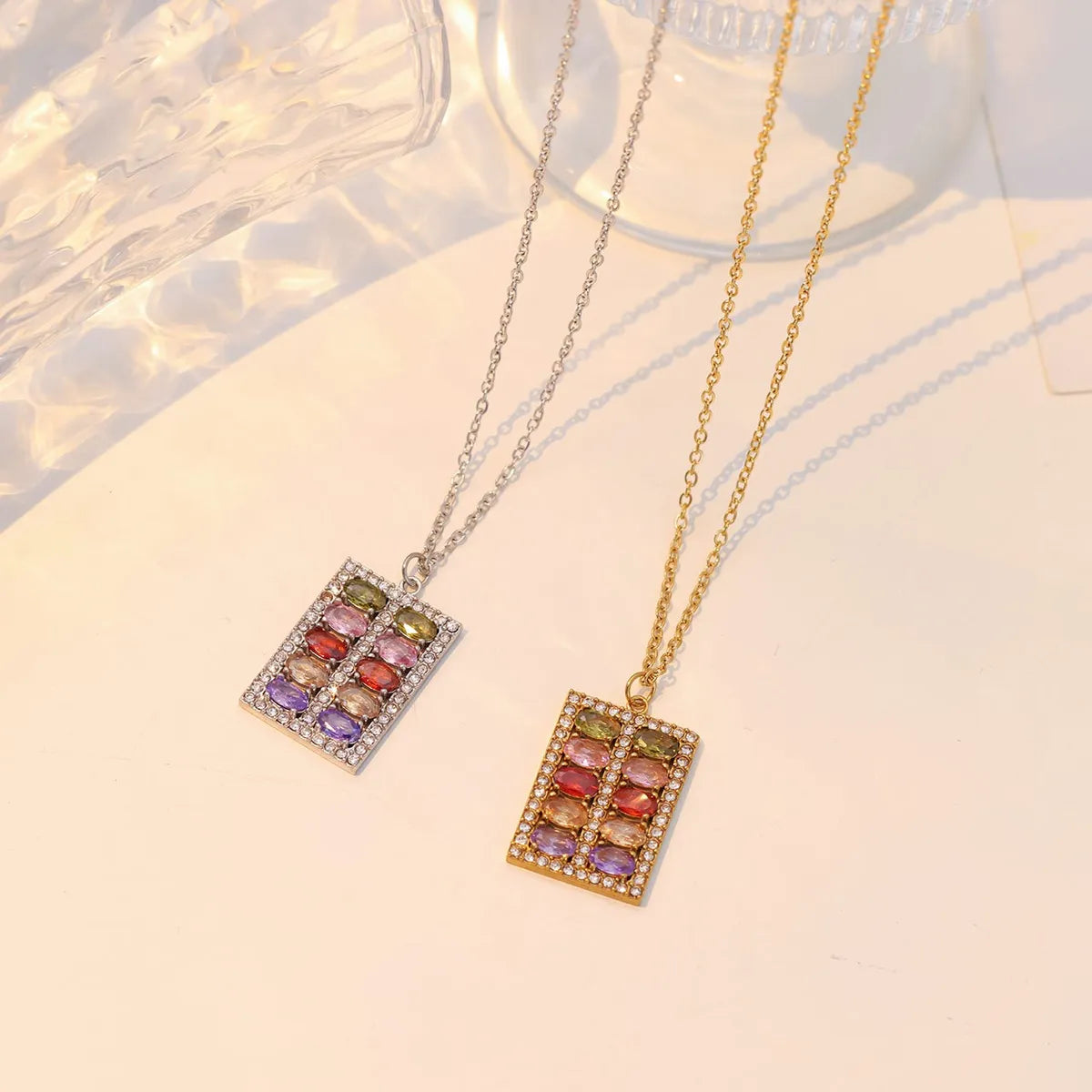 Elegant Luxurious Rectangle Stainless Steel Inlay Zircon White Gold Plated Gold Plated Pendant Necklace