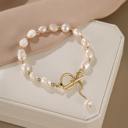 Elegant Luxurious Round Freshwater Pearl Copper Toggle Bracelets