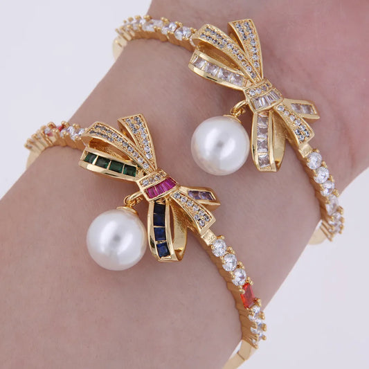 Elegant Luxurious Shiny Bow Knot 18K Gold Plated Artificial Pearls Zircon Artificial Pearl Copper Wholesale Bangle