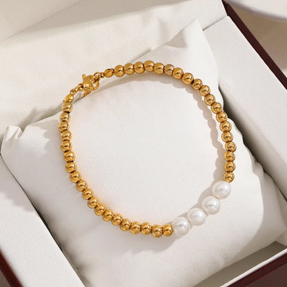 Elegant Luxurious Shiny Color Block Stainless Steel Imitation Pearl Plating 18k Gold Plated Bracelets