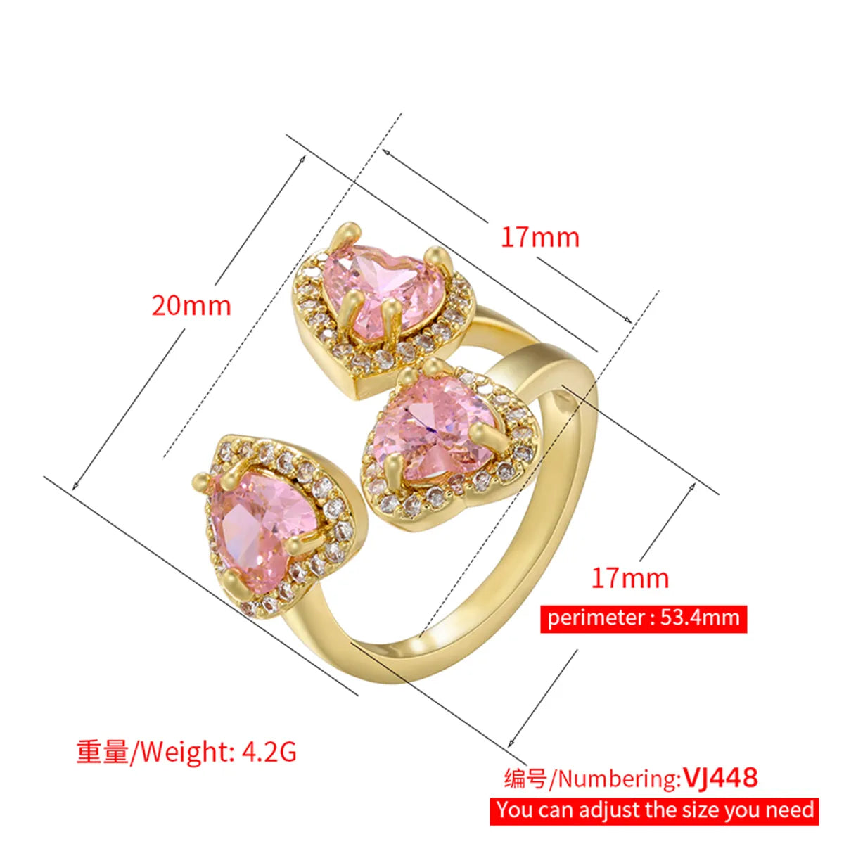 Elegant Luxurious Shiny Heart Shape Copper 18k Gold Plated Zircon Open Ring In Bulk