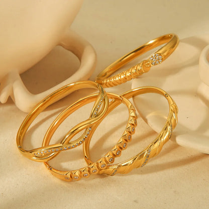 Elegant Luxurious Shiny Solid Color 304 Stainless Steel 18K Gold Plated Zircon Bangle In Bulk