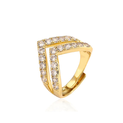 Elegant Luxurious Shiny V Shape Copper Plating Inlay Zircon 18k Gold Plated Open Rings