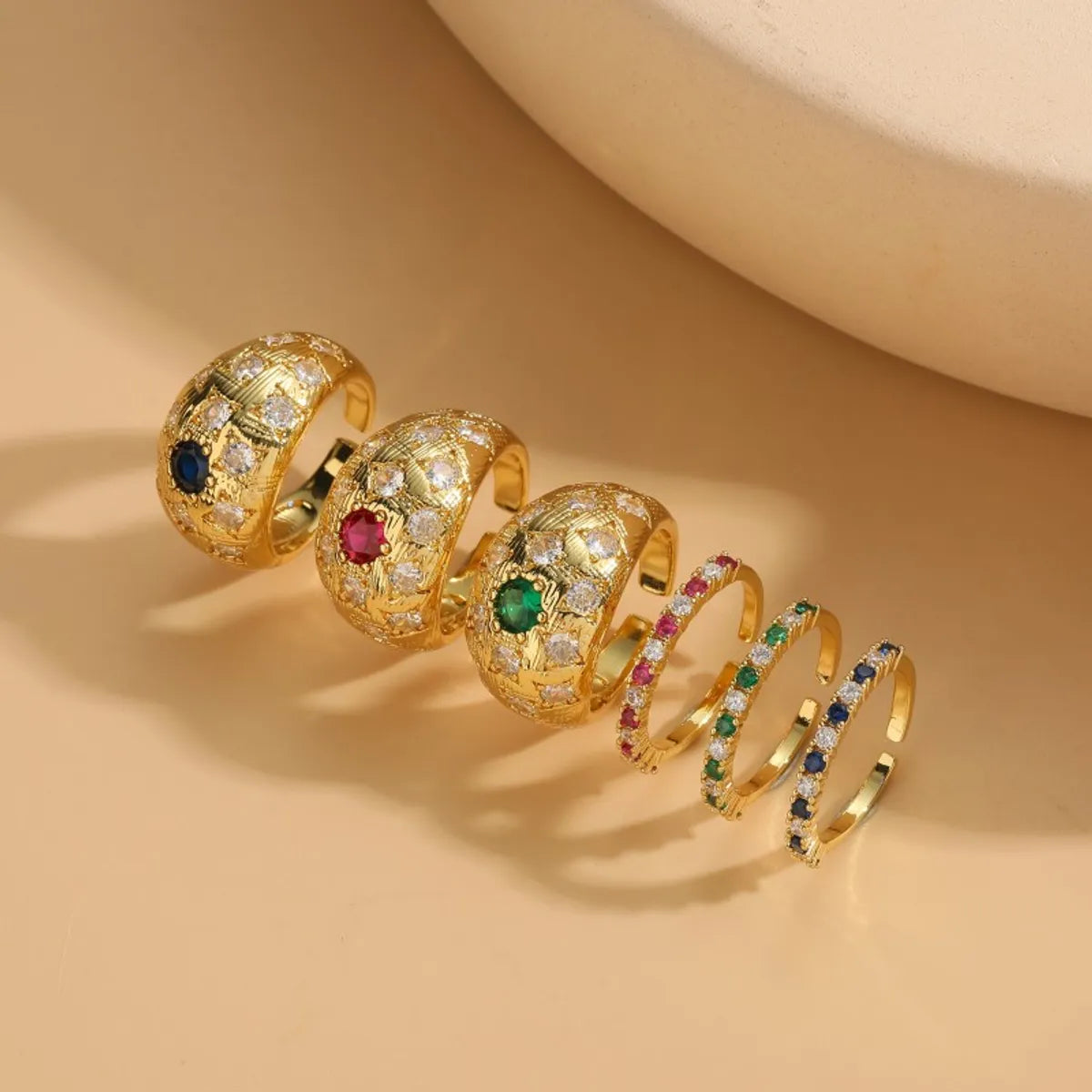 Elegant Luxurious Solid Color Copper Plating Inlay Zircon 14k Gold Plated Rings