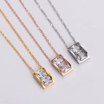 Elegant Luxurious Square Stainless Steel Inlay Artificial Diamond Pendant Necklace