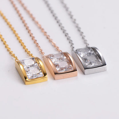 Elegant Luxurious Square Stainless Steel Inlay Artificial Diamond Pendant Necklace