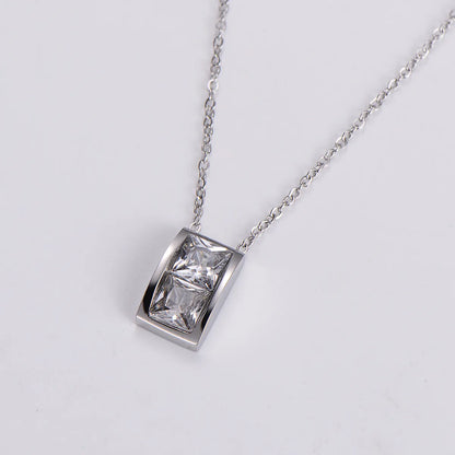 Elegant Luxurious Square Stainless Steel Inlay Artificial Diamond Pendant Necklace