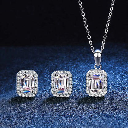 Elegant Luxurious Square Sterling Silver Inlay Zircon Women's Earrings Necklace