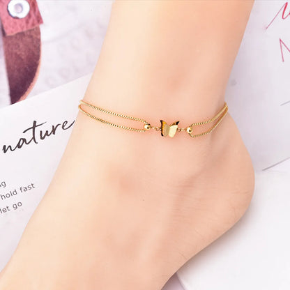 Elegant Luxurious Sweet Butterfly Titanium Steel Inlay Rhinestones 18K Gold Plated Women'S Anklet