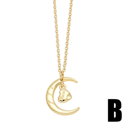 Elegant Modern Style Moon Heart Shape Bird Stainless Steel Copper Plating Inlay Zircon 18k Gold Plated Pendant Necklace