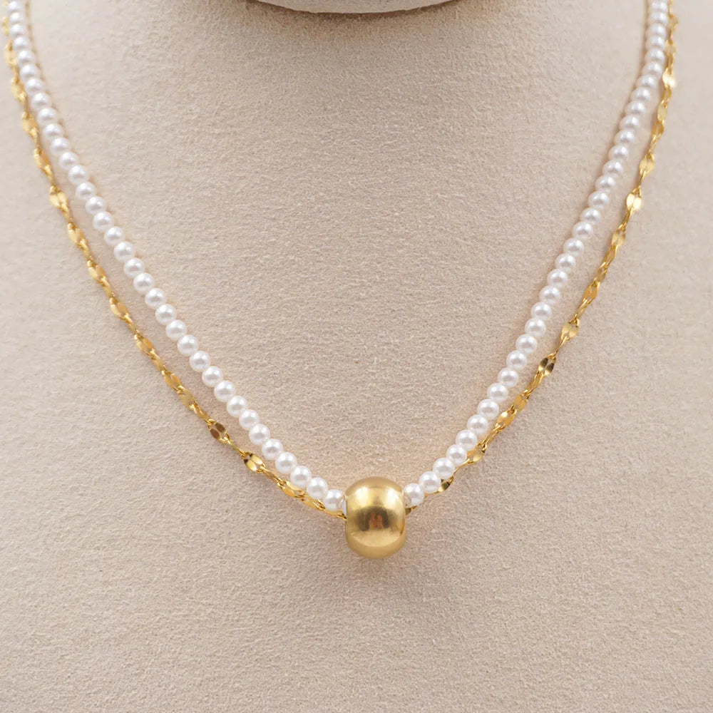 Elegant Modern Style Round Gold Plated 304 Stainless Steel Imitation Pearl Titanium Steel Wholesale Double Layer Necklaces