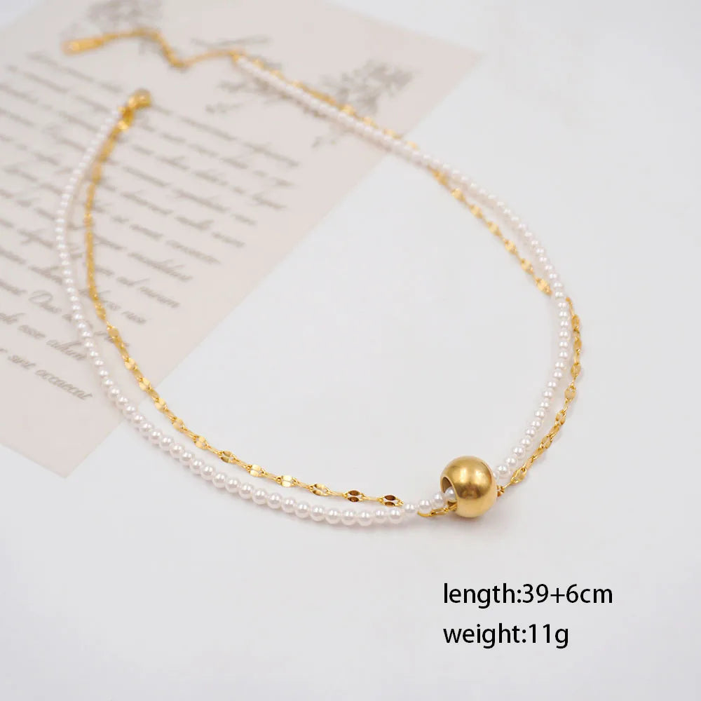 Elegant Modern Style Round Gold Plated 304 Stainless Steel Imitation Pearl Titanium Steel Wholesale Double Layer Necklaces