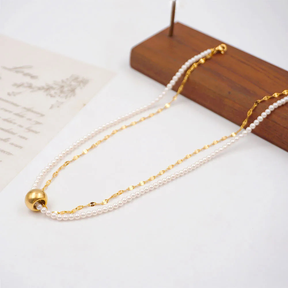 Elegant Modern Style Round Gold Plated 304 Stainless Steel Imitation Pearl Titanium Steel Wholesale Double Layer Necklaces