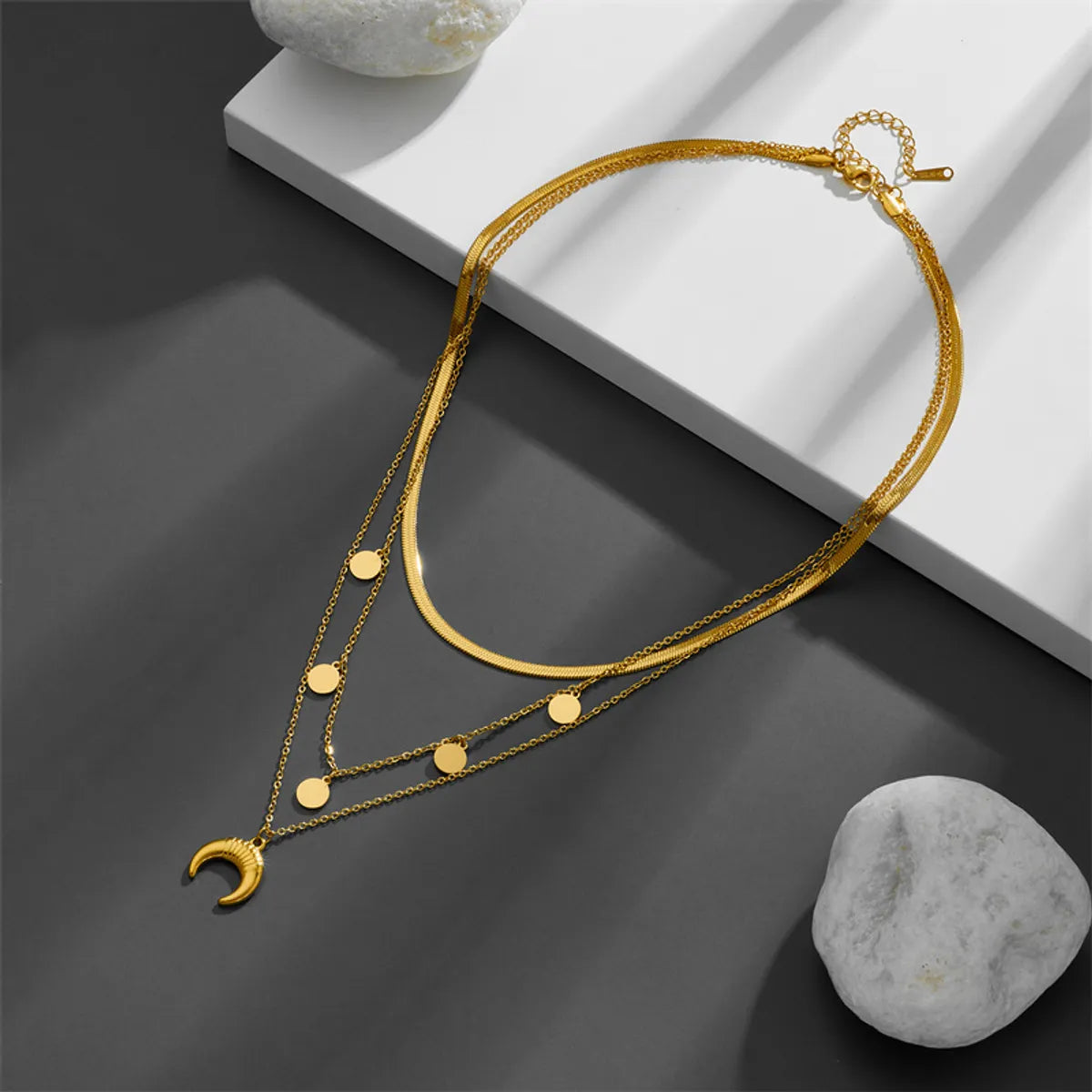 Elegant Modern Style Round Moon Titanium Steel Plating Layered Necklaces