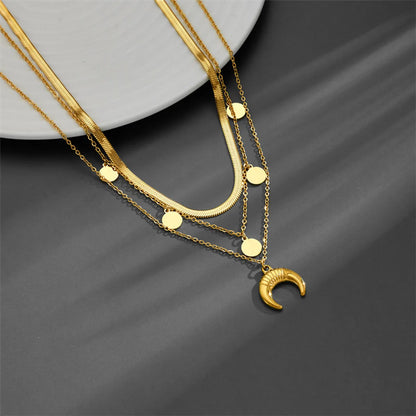 Elegant Modern Style Round Moon Titanium Steel Plating Layered Necklaces