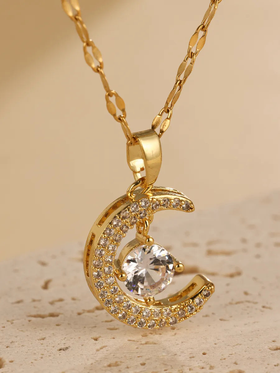 Elegant Moon Stainless Steel Plating Hollow Out Inlay Zircon 18k Gold Plated Pendant Necklace