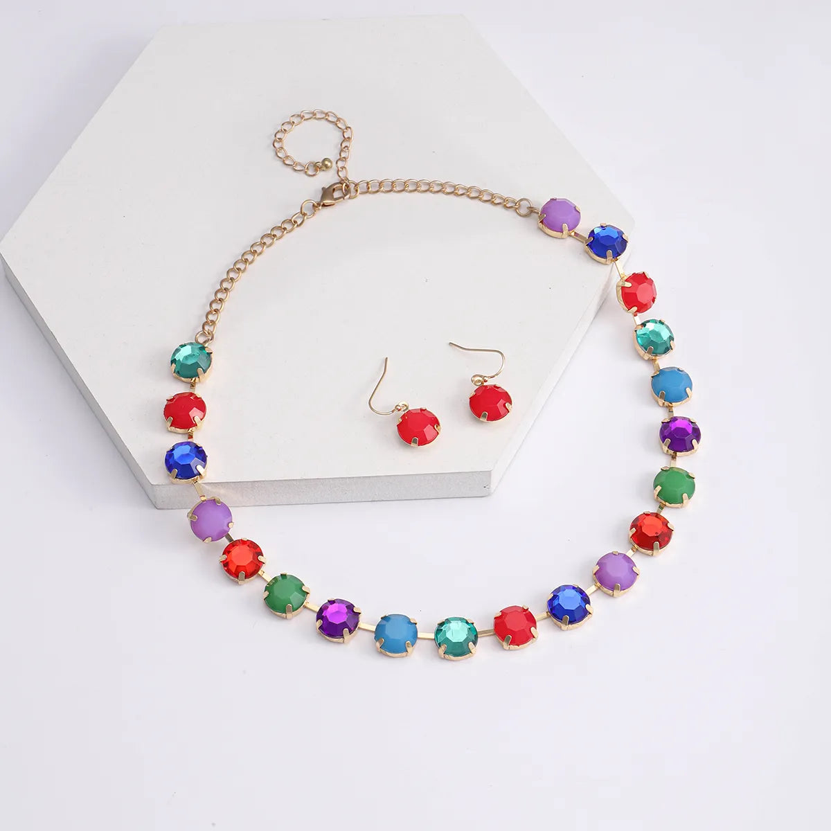 Elegant Nordic Style Glam Round Artificial Gemstones Inlay Artificial Gemstones Gold Plated Women's Earrings Necklace