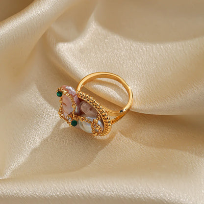 Elegant Original Design Korean Style Round Copper Inlay Freshwater Pearl 18k Gold Plated Open Rings