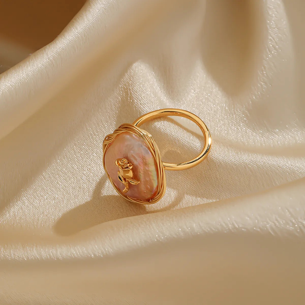 Elegant Original Design Korean Style Round Copper Inlay Freshwater Pearl 18k Gold Plated Open Rings