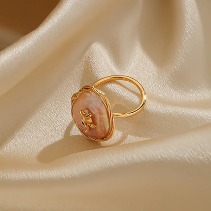 Elegant Original Design Korean Style Round Copper Inlay Freshwater Pearl 18k Gold Plated Open Rings