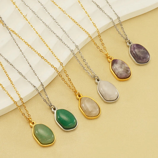 Elegant Oval Stainless Steel Plating Inlay Natural Stone 18k Gold Plated Pendant Necklace