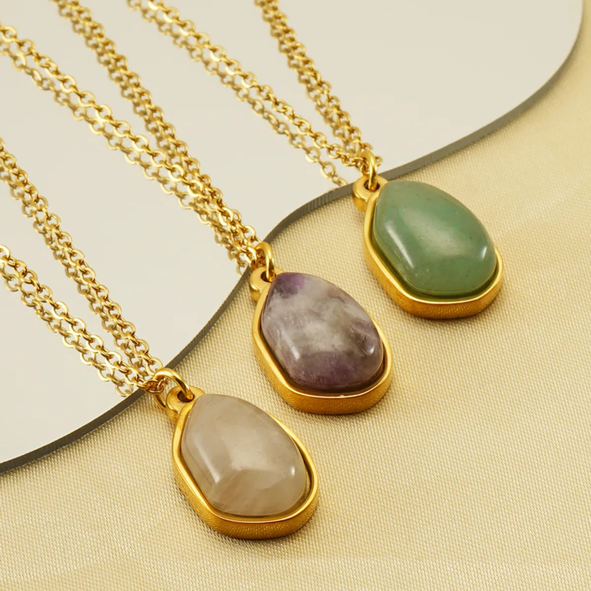 Elegant Oval Stainless Steel Plating Inlay Natural Stone 18k Gold Plated Pendant Necklace