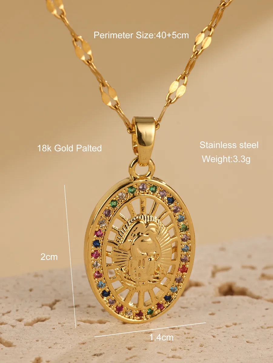 Elegant Oval Stainless Steel Plating Inlay Zircon 18k Gold Plated Pendant Necklace