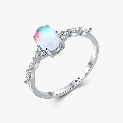 Elegant Oval Sterling Silver Plating Inlay Artificial Moonstone Rhodium Plated Rings