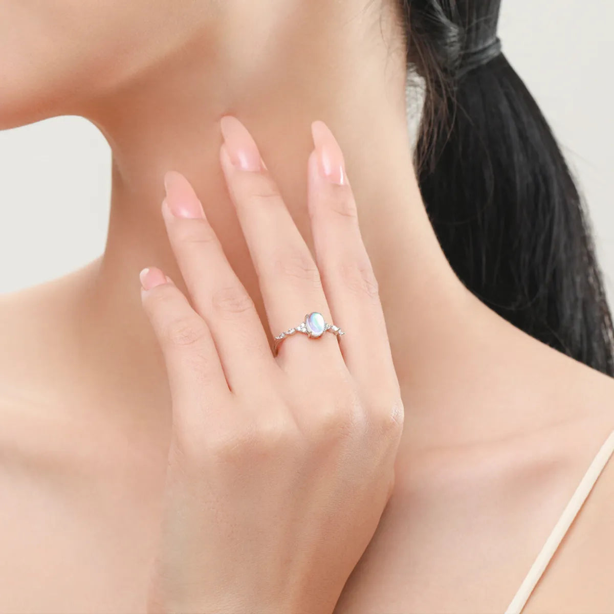 Elegant Oval Sterling Silver Plating Inlay Artificial Moonstone Rhodium Plated Rings