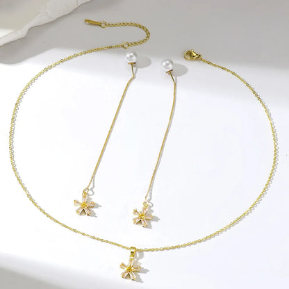 Elegant Petal Copper Plating Inlay Zircon Gold Plated Earrings Necklace