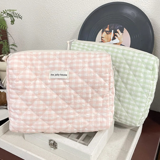 Elegant Plaid Cotton Square Makeup Bags