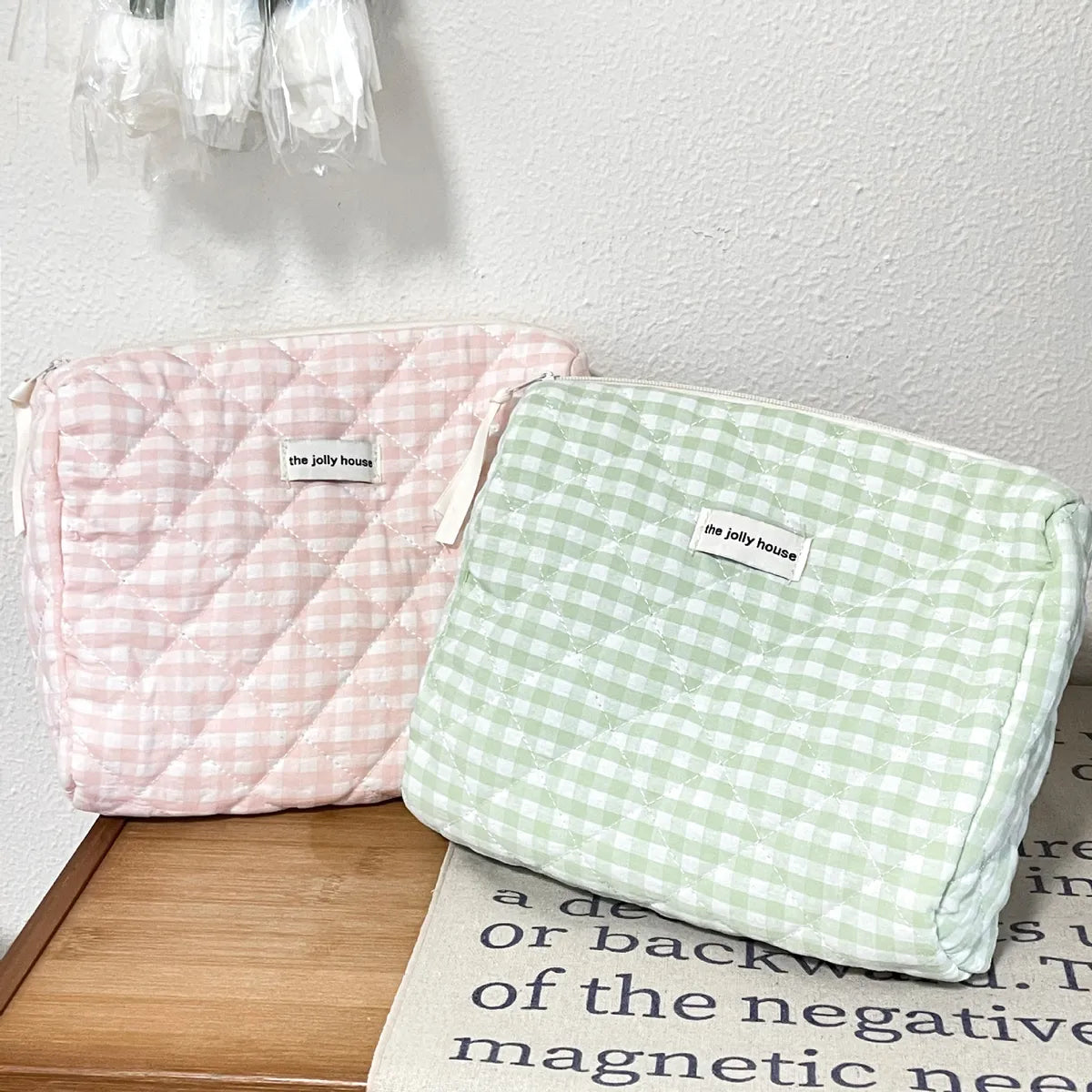 Elegant Plaid Cotton Square Makeup Bags