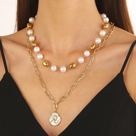 Elegant Portrait Imitation Pearl Alloy Wholesale Double Layer Necklaces