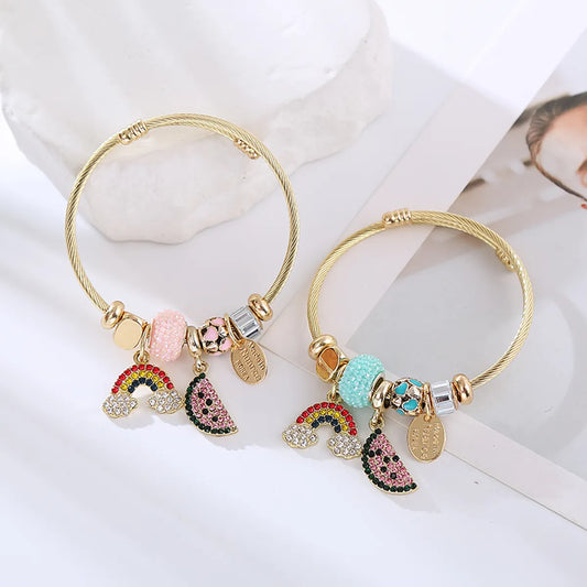 Elegant Rainbow Alloy Beaded Rhinestones Gold Plated Women's Bangle