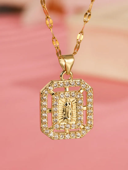 Elegant Rectangle Stainless Steel Plating Hollow Out Inlay Zircon 18k Gold Plated Pendant Necklace