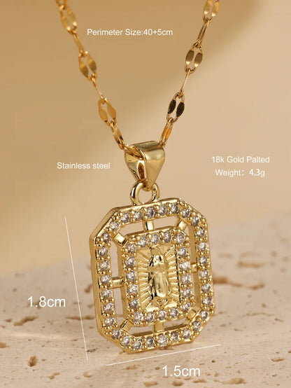 Elegant Rectangle Stainless Steel Plating Hollow Out Inlay Zircon 18k Gold Plated Pendant Necklace