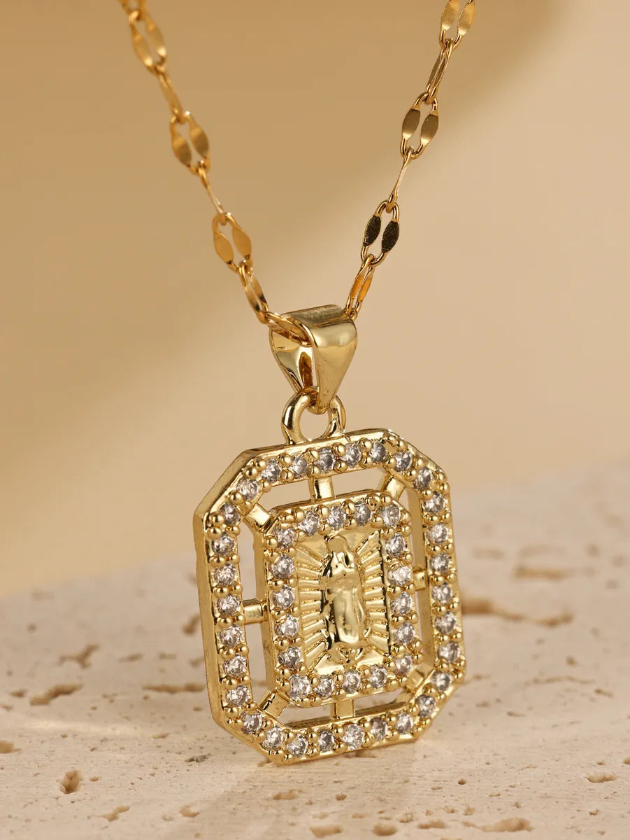 Elegant Rectangle Stainless Steel Plating Hollow Out Inlay Zircon 18k Gold Plated Pendant Necklace