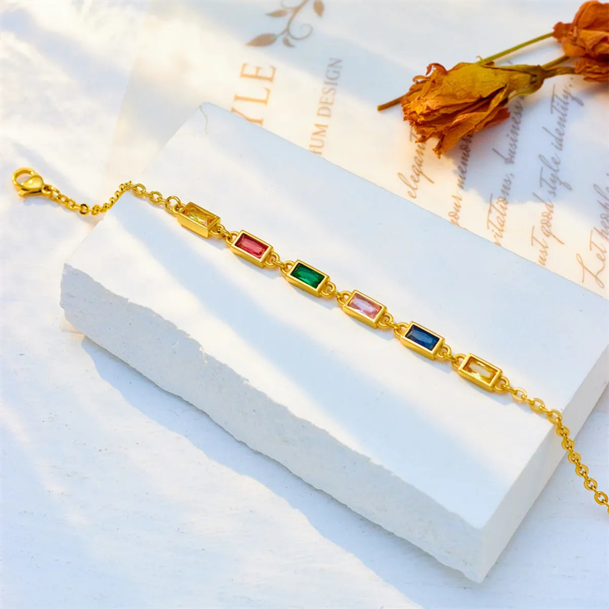 Elegant Rectangle Stainless Steel Titanium Steel Plating Inlay Zircon 18k Gold Plated Bracelets