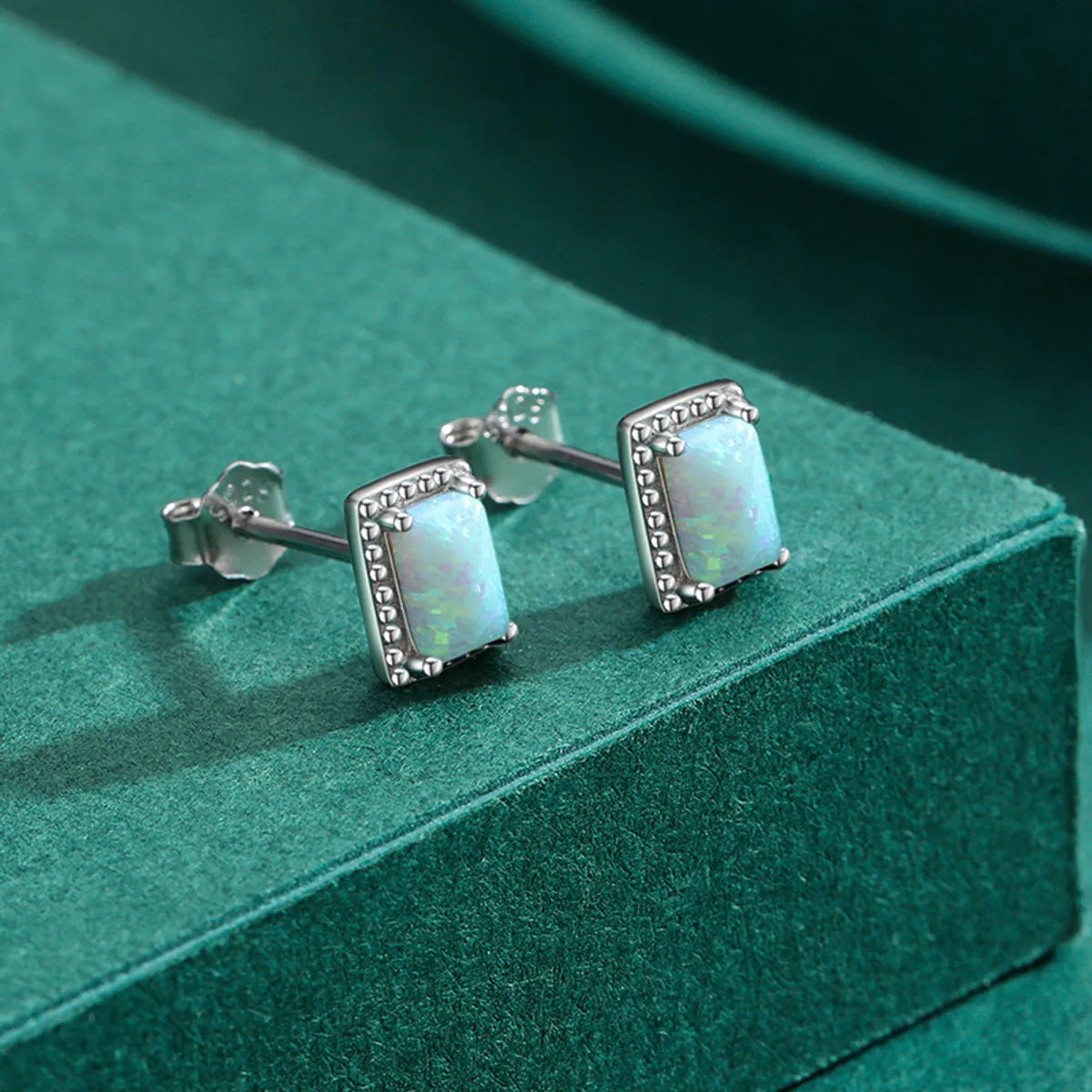 Elegant Rectangle Sterling Silver Inlay Opal Zircon Rhodium Plated Women's Rings Earrings