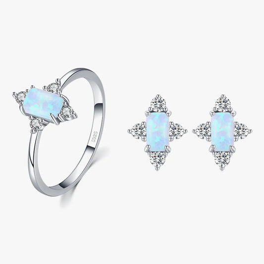 Elegant Rectangle Sterling Silver Plating Inlay Opal Zircon Rhodium Plated Women'S Rings Earrings