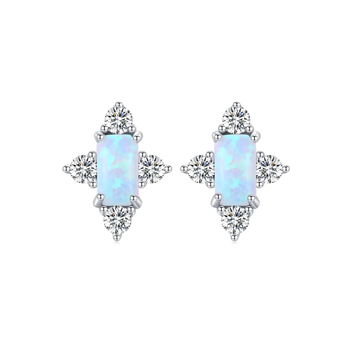 Elegant Rectangle Sterling Silver Plating Inlay Opal Zircon Rhodium Plated Women'S Rings Earrings