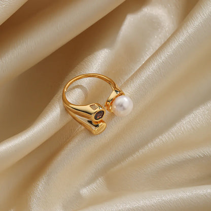 Elegant Retro Baroque Style Round Copper Plating Inlay Natural Stone Freshwater Pearl Zircon 18k Gold Plated Open Rings