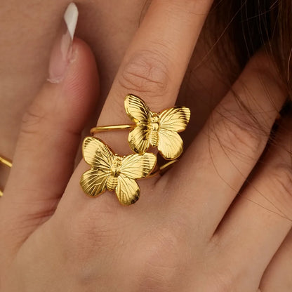 Elegant Retro Butterfly Stainless Steel Plating 18k Gold Plated Open Rings