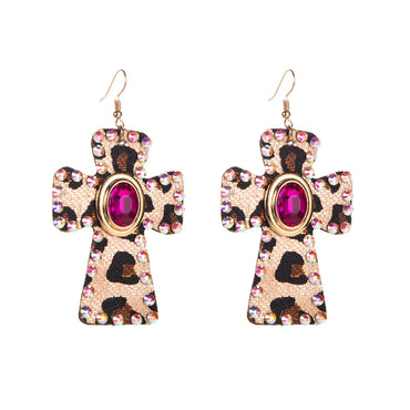 Elegant Retro Cross Leopard Alloy Leather Inlay Rhinestones Glass Women'S Drop Earrings