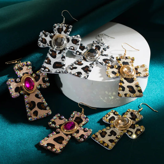 Elegant Retro Cross Leopard Alloy Leather Inlay Rhinestones Glass Women'S Drop Earrings